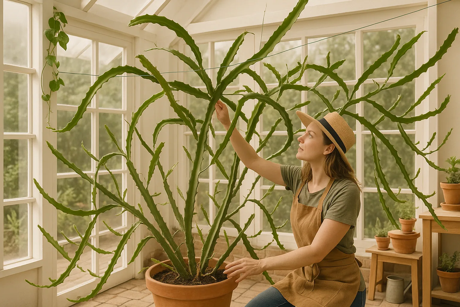 Dragon fruit plant growing in a greenhouse