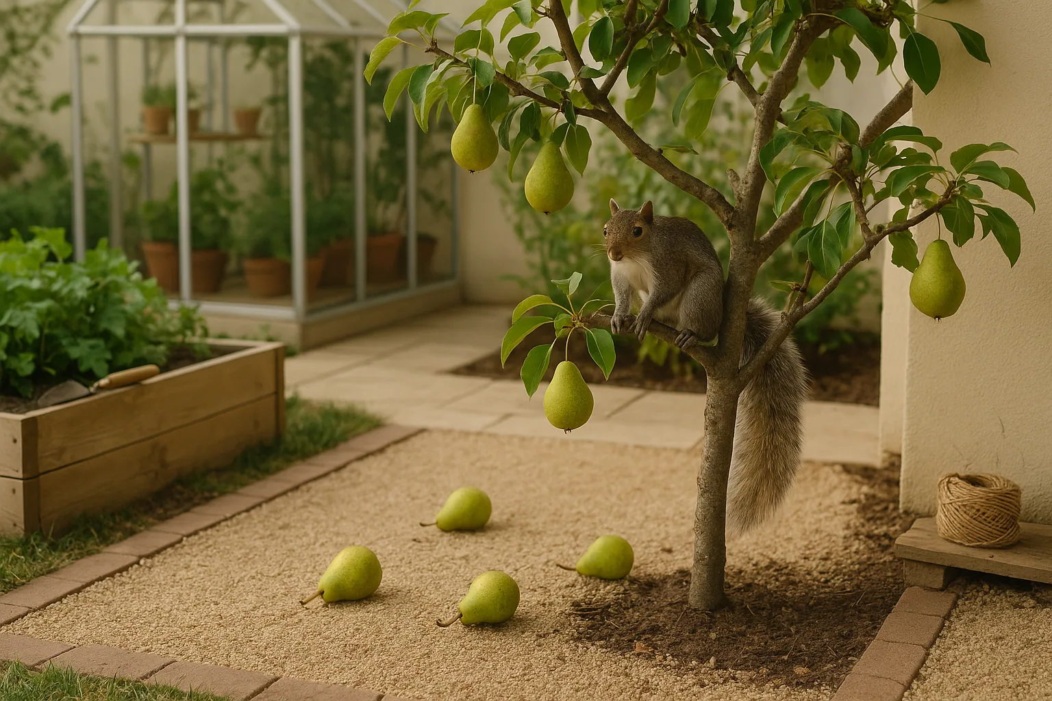 Squirrel picking pears from tree