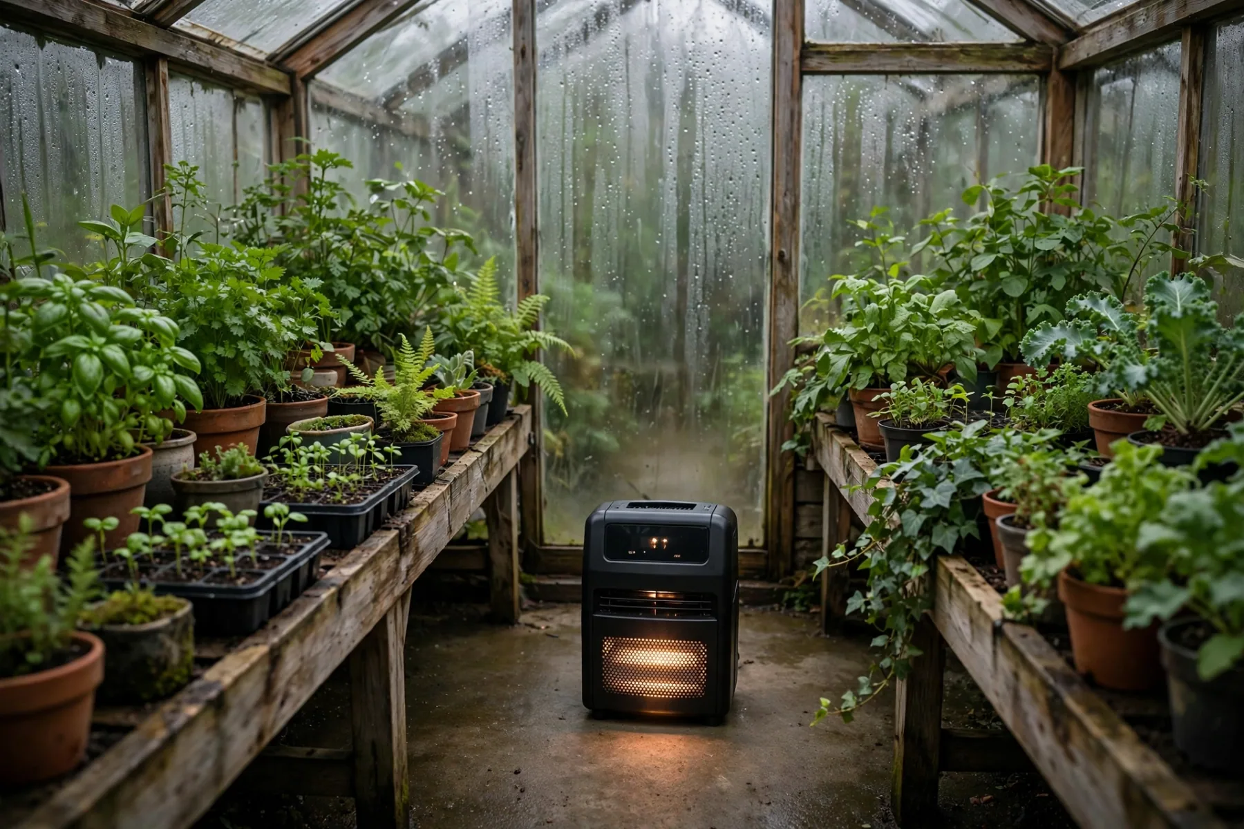 Heater placed on greenhouse floor between benches