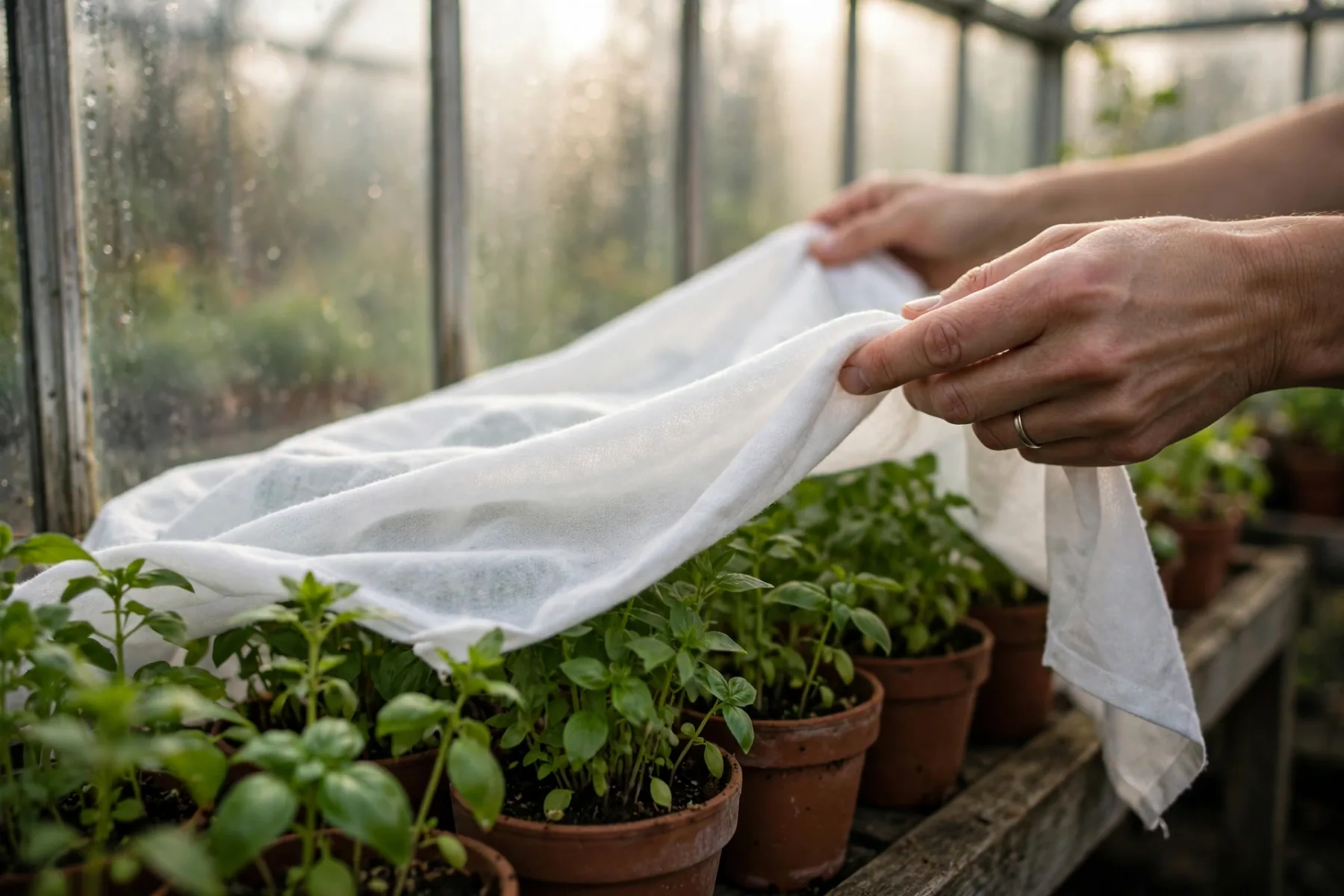 Draping frost cloth over tender plants
