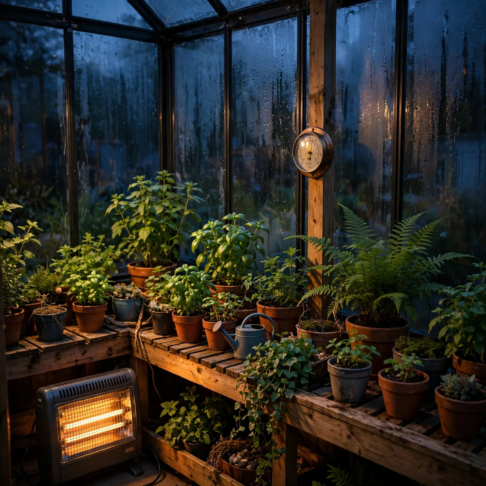 Greenhouse interior at dusk with a glowing electric heater keeping potted plants warm as cold blue evening shows through condensation-covered glass panels.