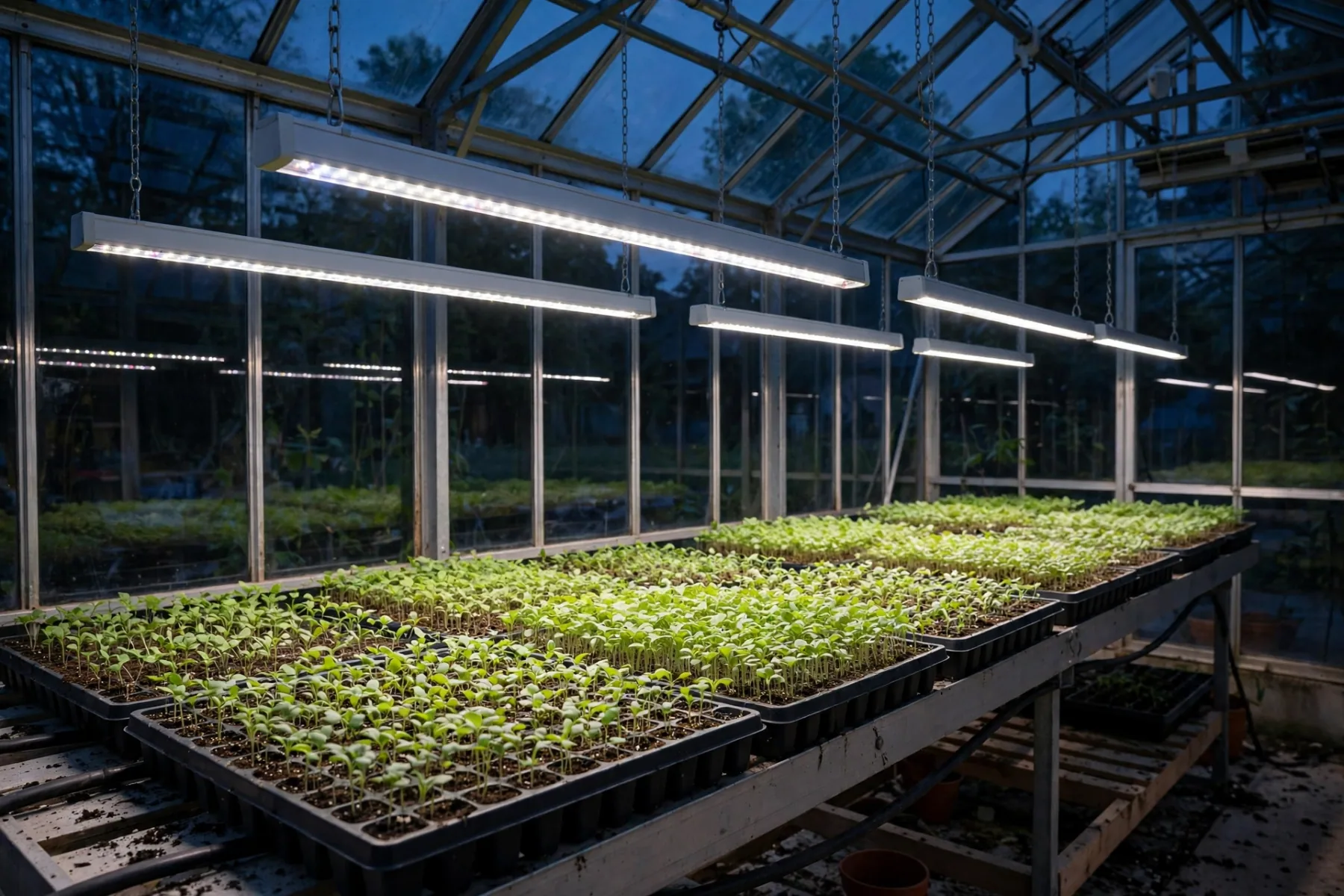 Supplemental LED grow bars over the benches