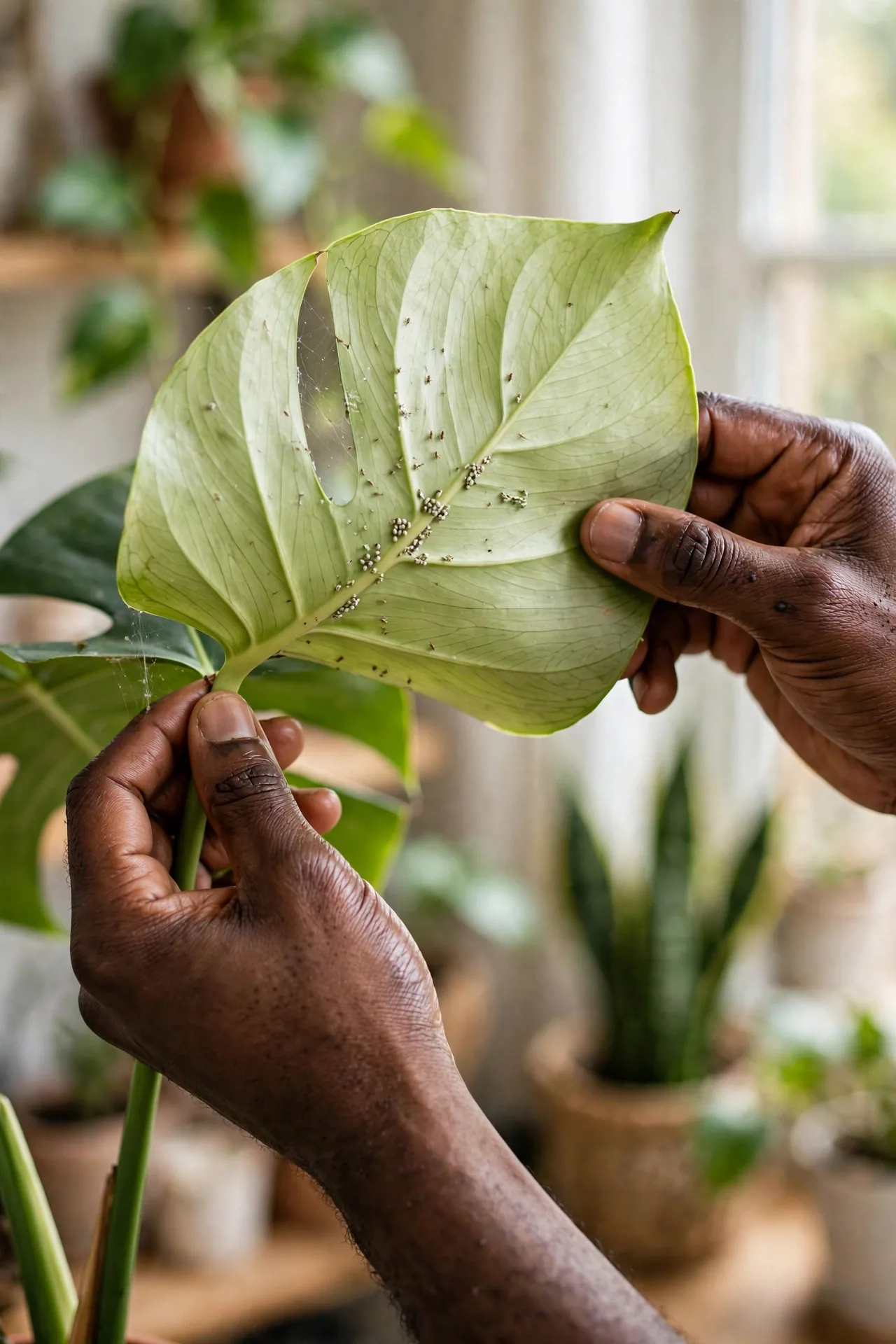 Inspect every leaf — undersides, joints, soil surface