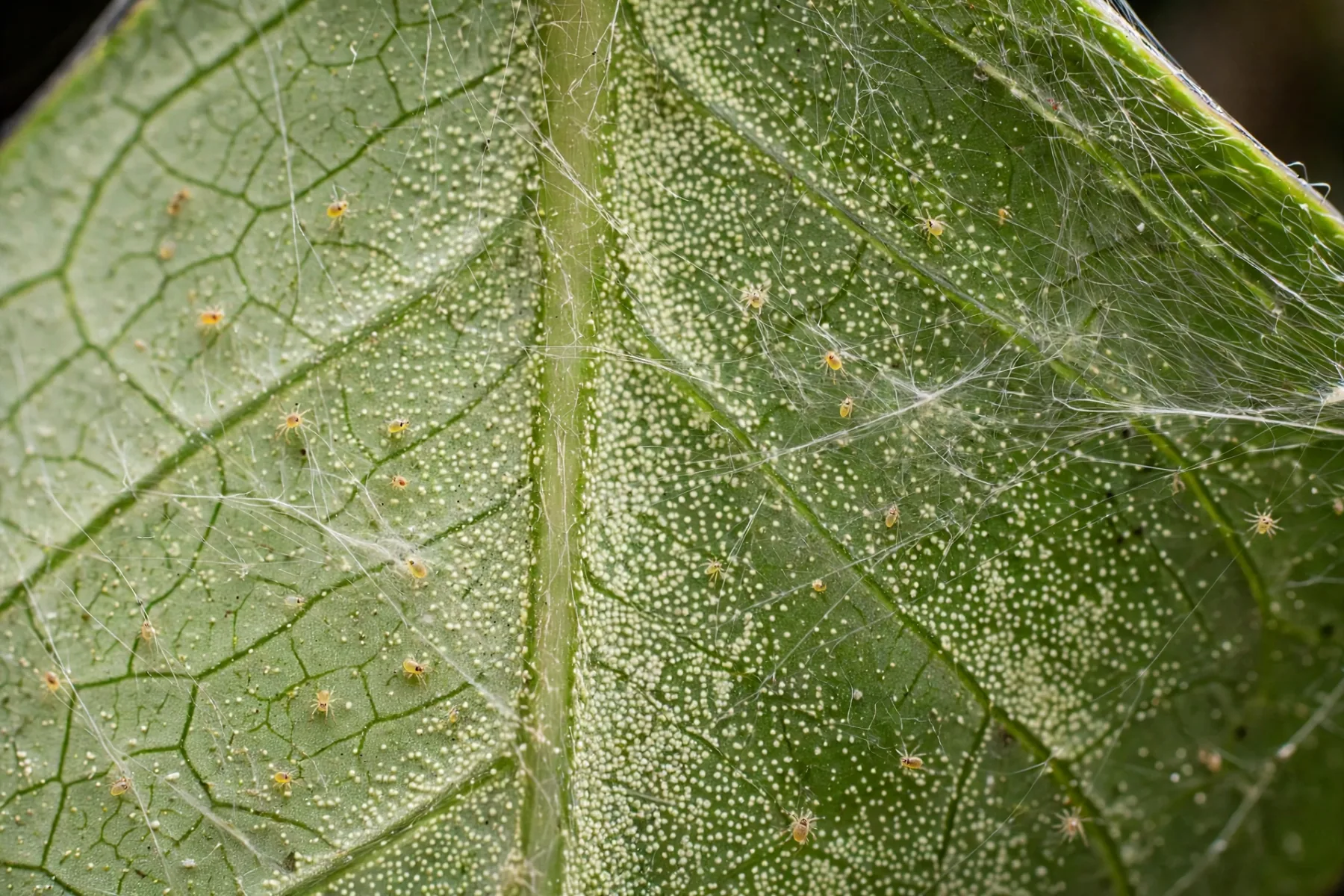 Close-up of spider mite webbing on a houseplant leaf