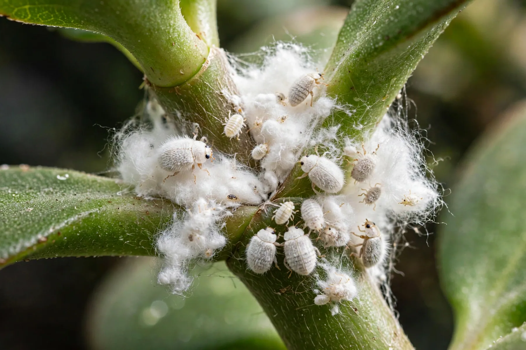 Mealybugs as white cottony clusters on a plant stem