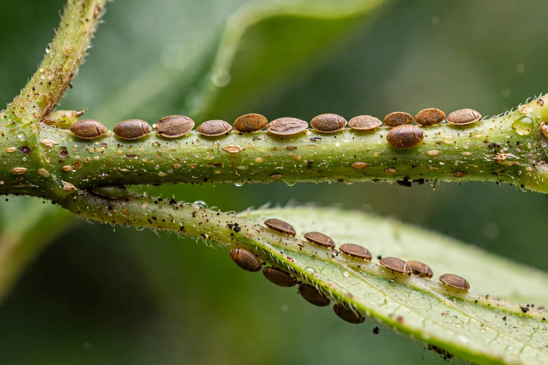 Scale insects as brown oval bumps on a plant stem