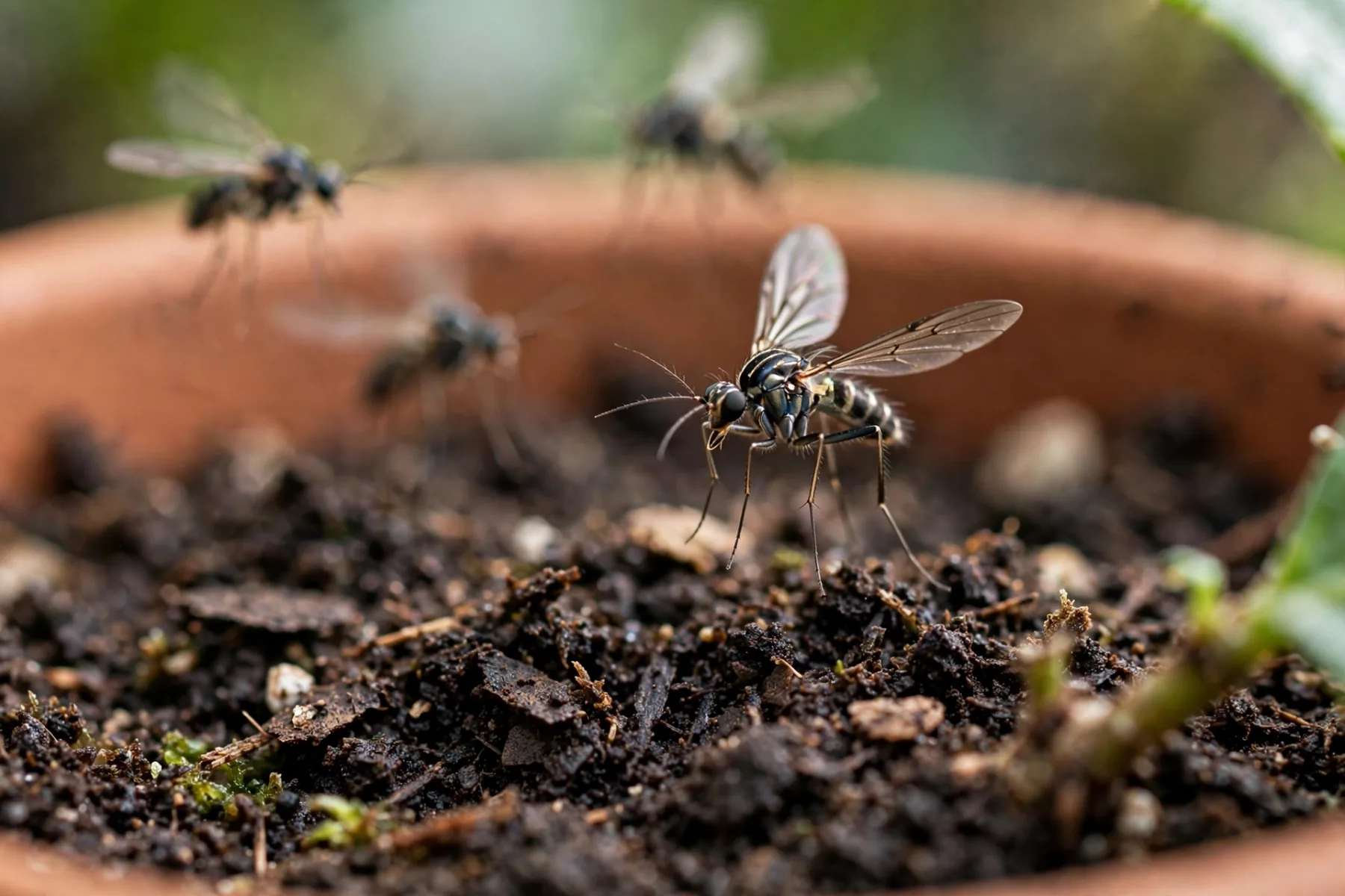 Fungus gnats hovering above houseplant soil
